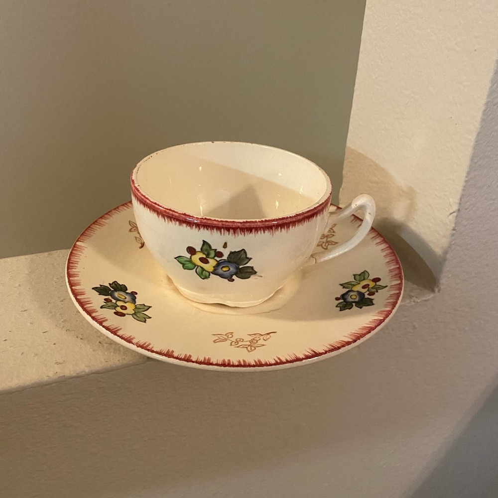Longwy. France. Marseille. Floral Oversized Cup/Saucer. Vintage.Crack on Handle